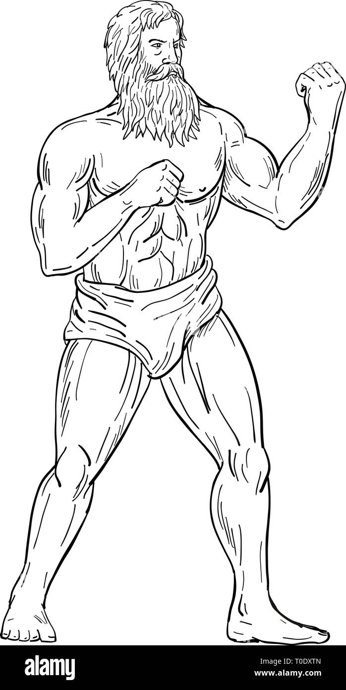 Dibujo Dibujo Ilustración de un estilo vintage barbudo boxer con barba, con los puños en el pecho listo para luchar en posición de combate de boxeo. Ilustración del Vector
