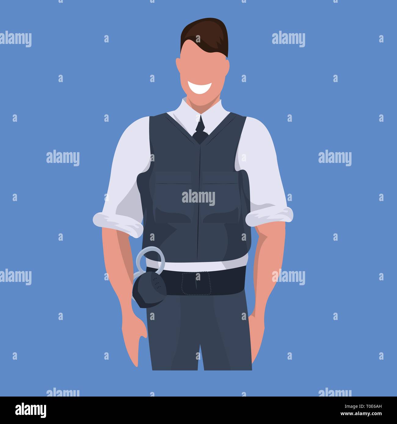 Oficial de policía en uniforme de la guardia de seguridad cop masculino  ocupación profesional concepto el retrato del personaje de dibujos animados  de fondo azul plana Imagen Vector de stock - Alamy