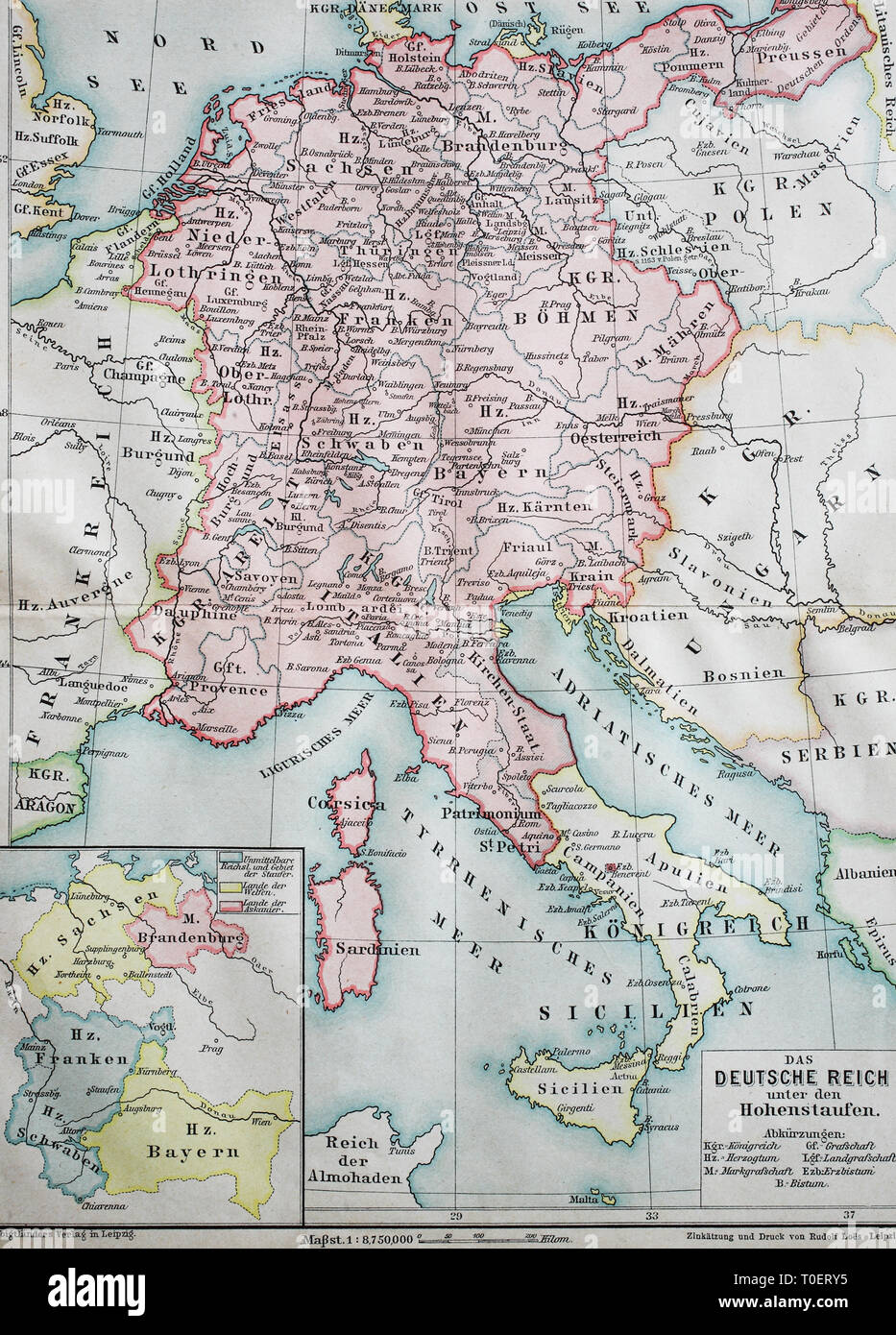 Mapa histórico del imperio alemán en la época de los Hohenstaufen, ca 1200 / Historische Landkarte, das Deutsche Reich Unter den Hohenstaufen, ca 1200 Foto de stock