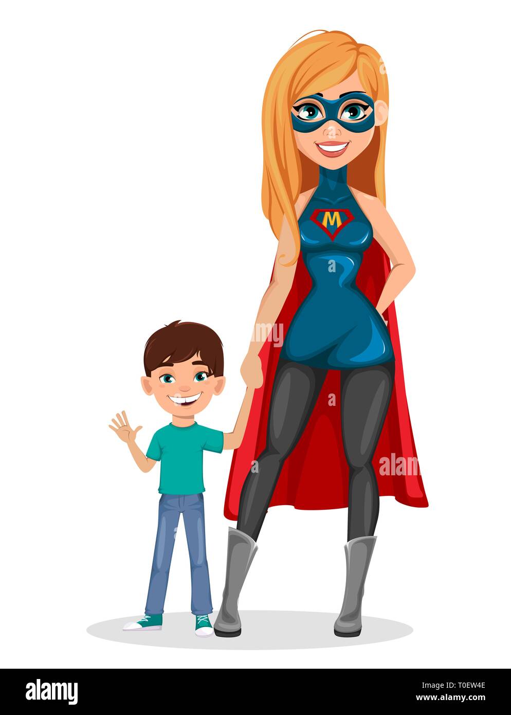 Mujer madre Super héroe. Concepto de mujer vistiendo trajes de superhéroes.  Personaje de dibujos animados de pie con su hijo. Ilustración vectorial en  backgr blanco Imagen Vector de stock - Alamy