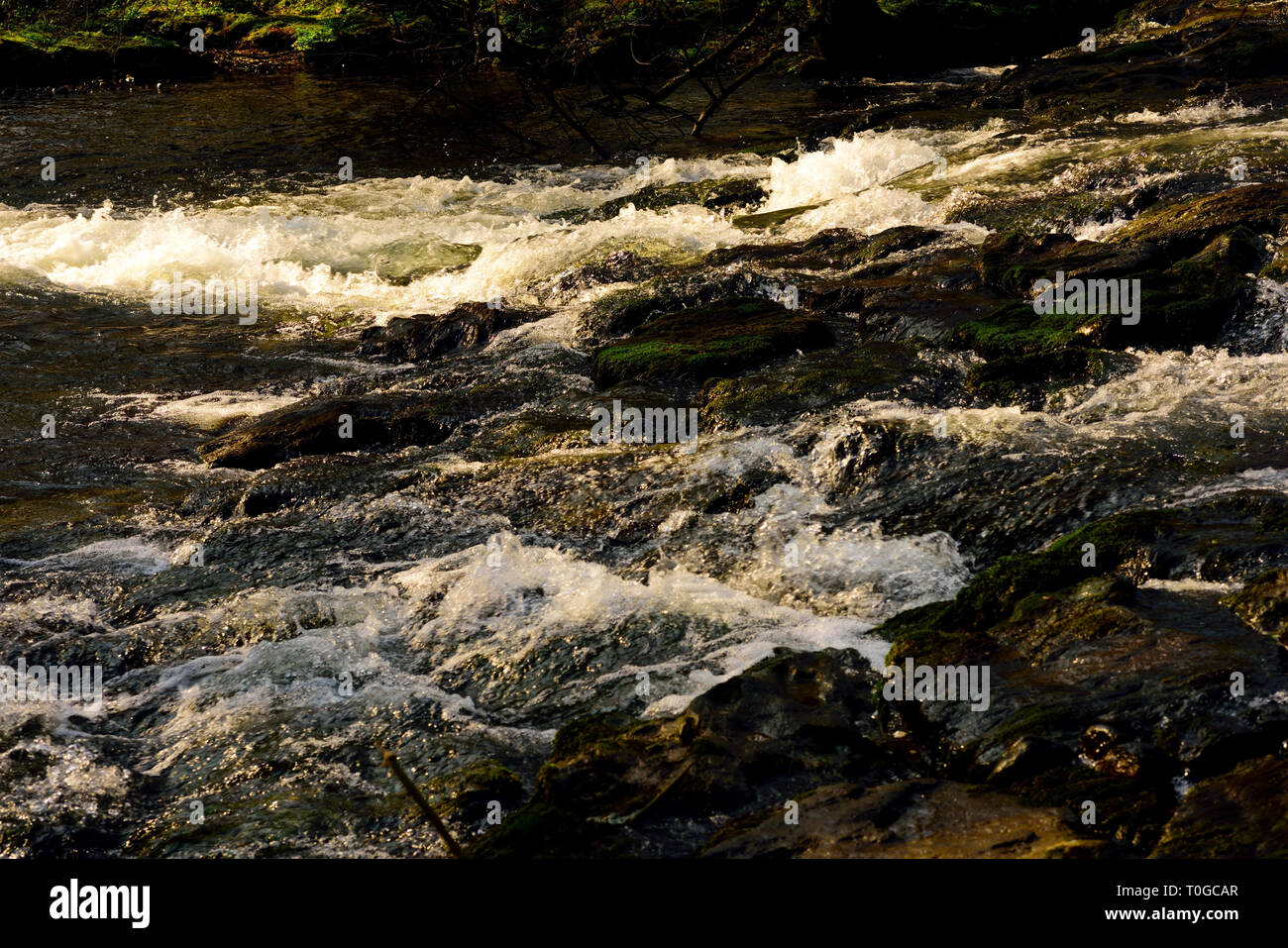 Un azud rocosas a lo largo de un caudaloso río. Foto de stock