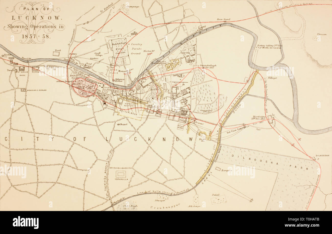 Plan de Lucknow mostrando las operaciones durante el asedio y los indios Foto de stock