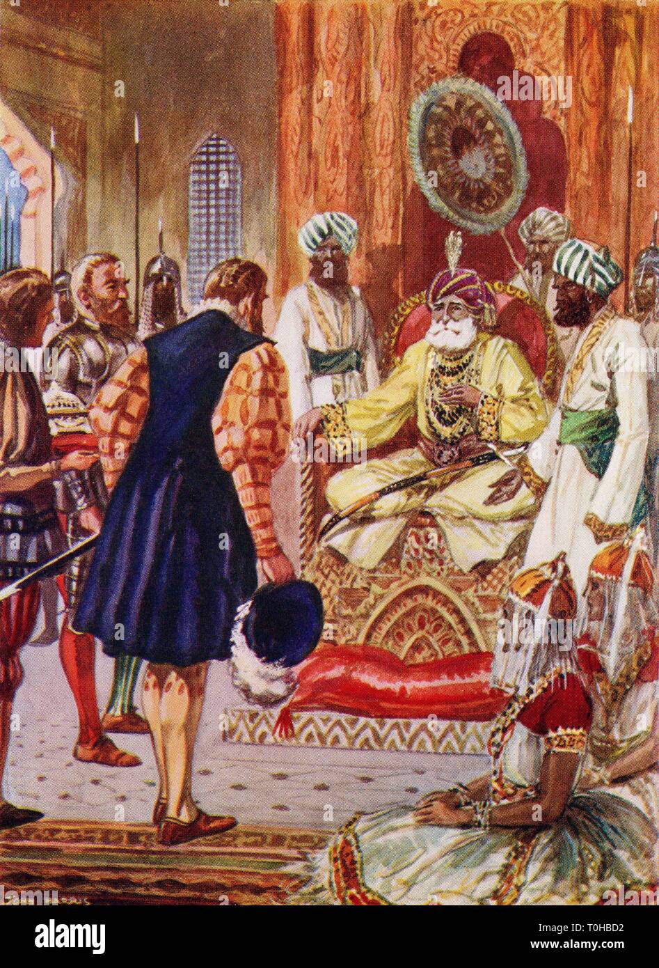 El Vasco da Gama, visitando el Rajá de Cannanore, India, 1498. Foto de stock