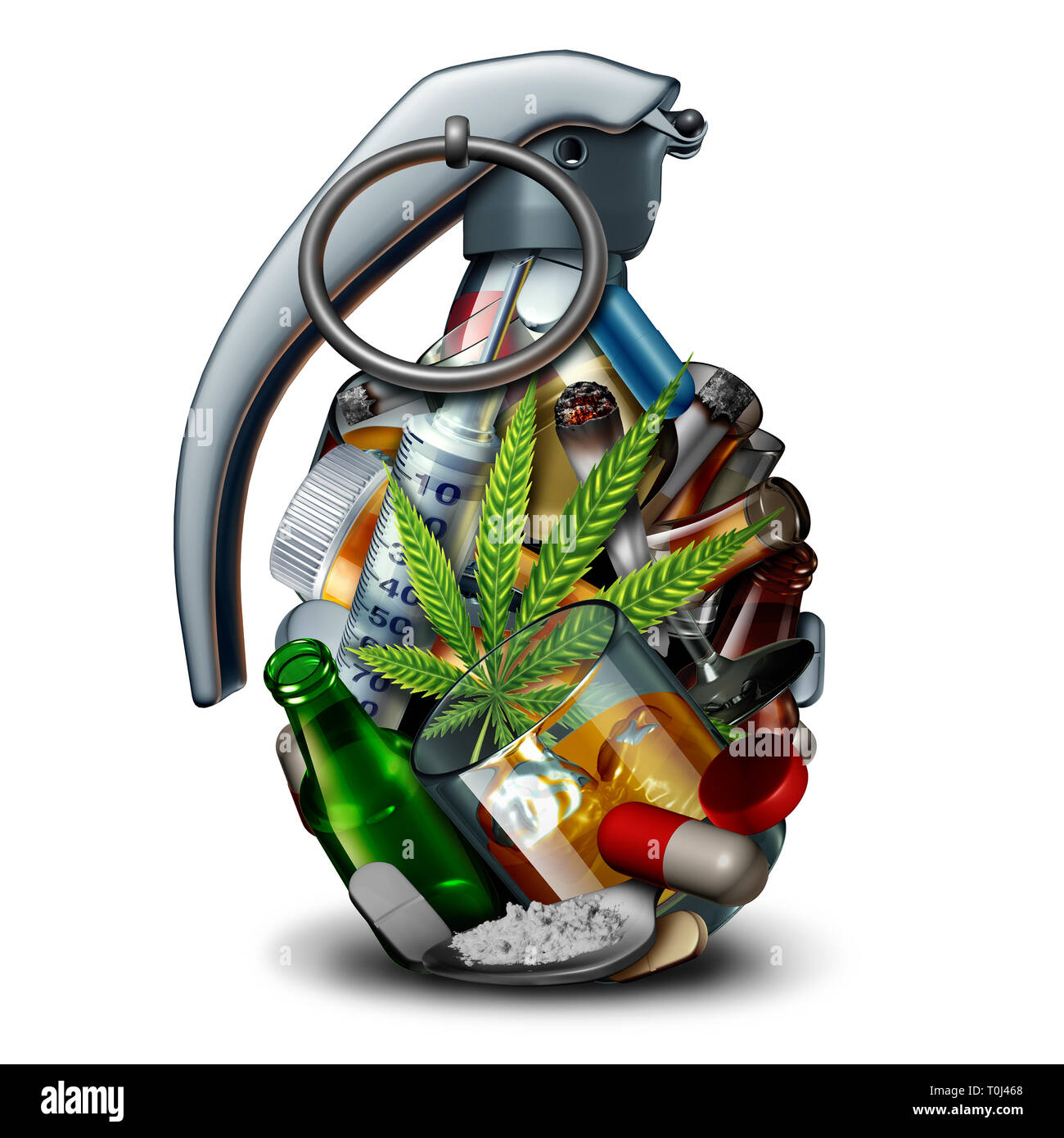 Peligro de la adicción a las drogas y las sustancias adictivas como heroína, cocaína, alcohol y tabaco en forma de píldoras de opioides como una granada explosiva de las bombas. Foto de stock