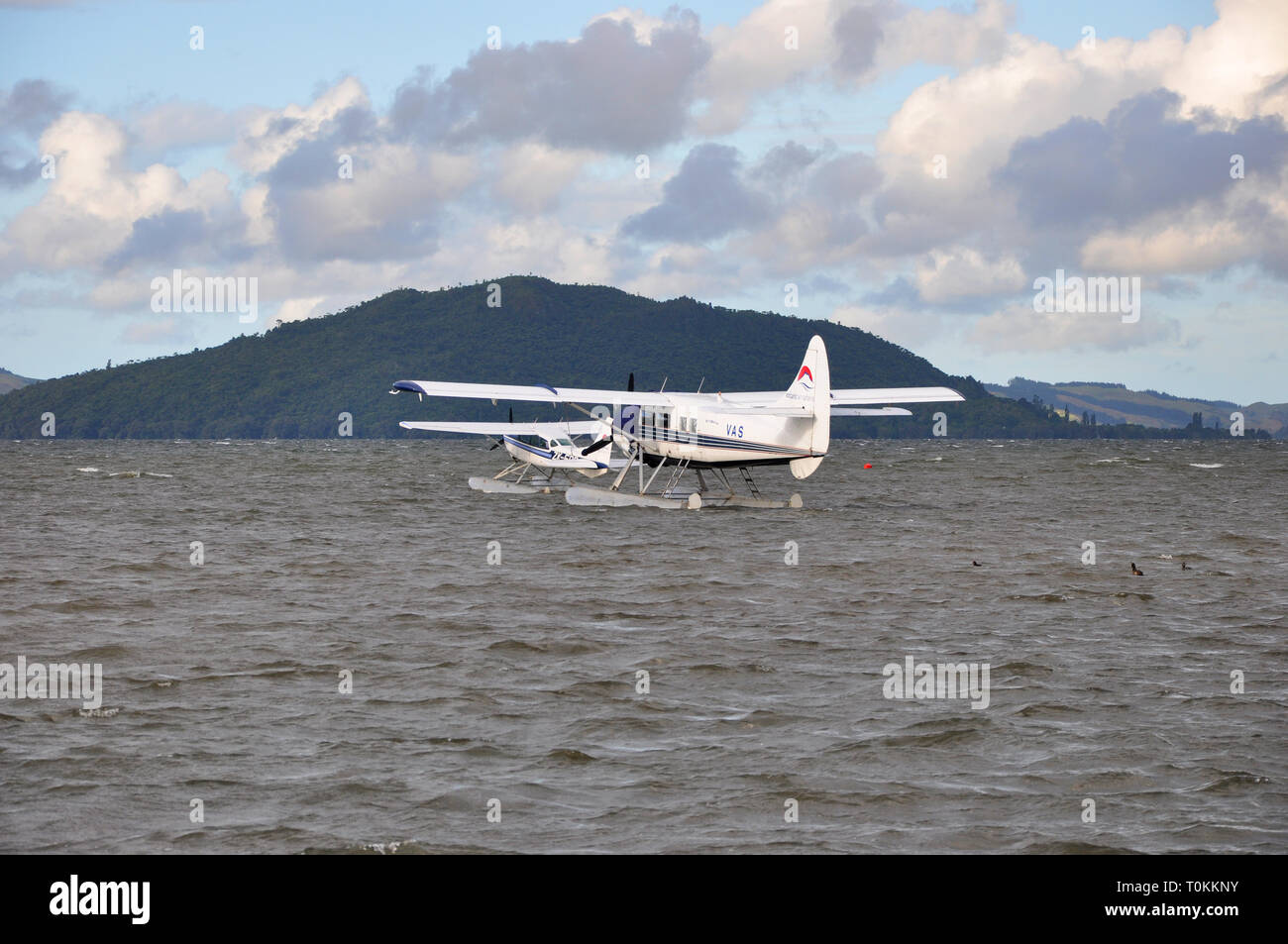 Floatplanes de erupciones volcánicas, Aire Aire Safaris, flotando en el Lago Rotorua, Bahía de Plenty, Nueva Zelanda, De Havilland Canada DHC-3 Otter Foto de stock
