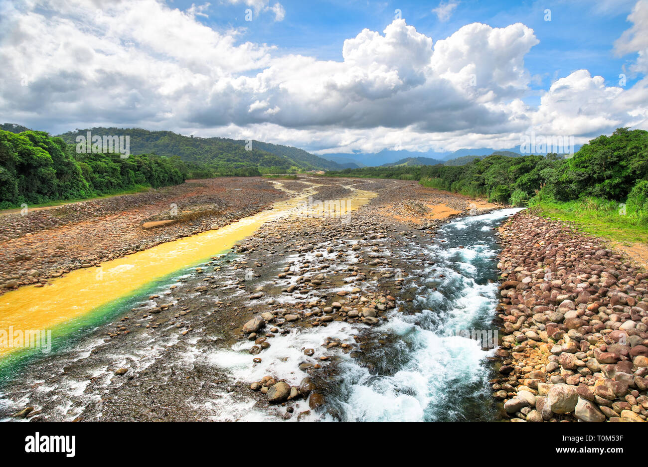 Un flujo limpio confluye con el Río Sucio cerca de Guápiles, Costa Rica. Foto de stock