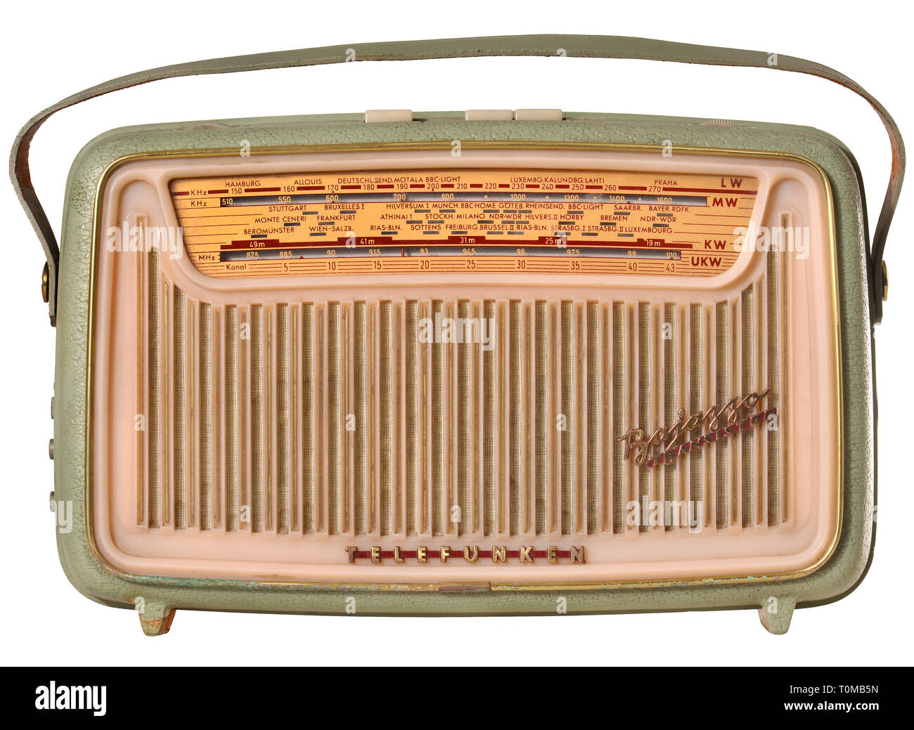 Emisión, radio, Telefunken Bajazzo Transistor, en Ascona verde, pesa 8 kg con baterías, caja de poliestireno, en ese momento el precio original: 299 DM, Alemania, 1960-Clearance-Info Additional-Rights-Not-Available Foto de stock