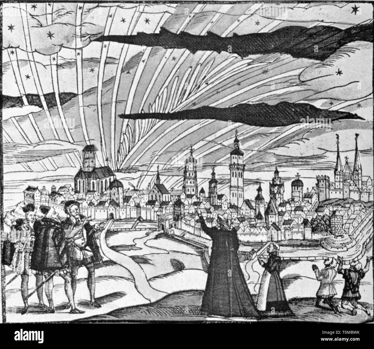 Astronomía, fenómeno de luz por encima de la Ciudad Imperial de Augsburgo, 10.9.1580, Additional-Rights-Clearance-Info-Not-Available Foto de stock