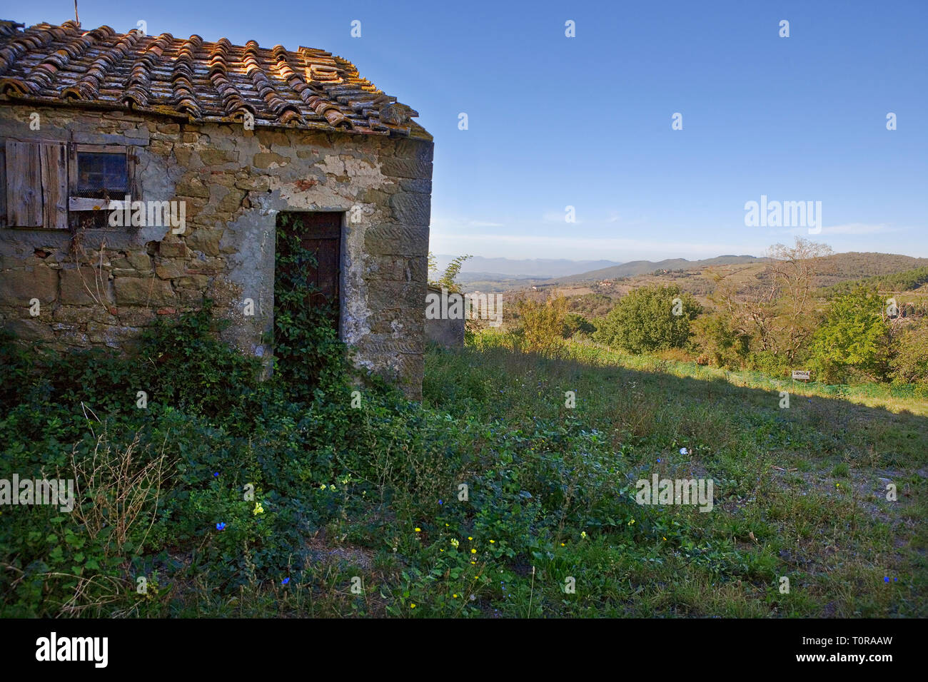 Vista sobre las colinas de los alrededores de la aldea de Lamole, Toscana, con un viejo granero en primer plano Foto de stock
