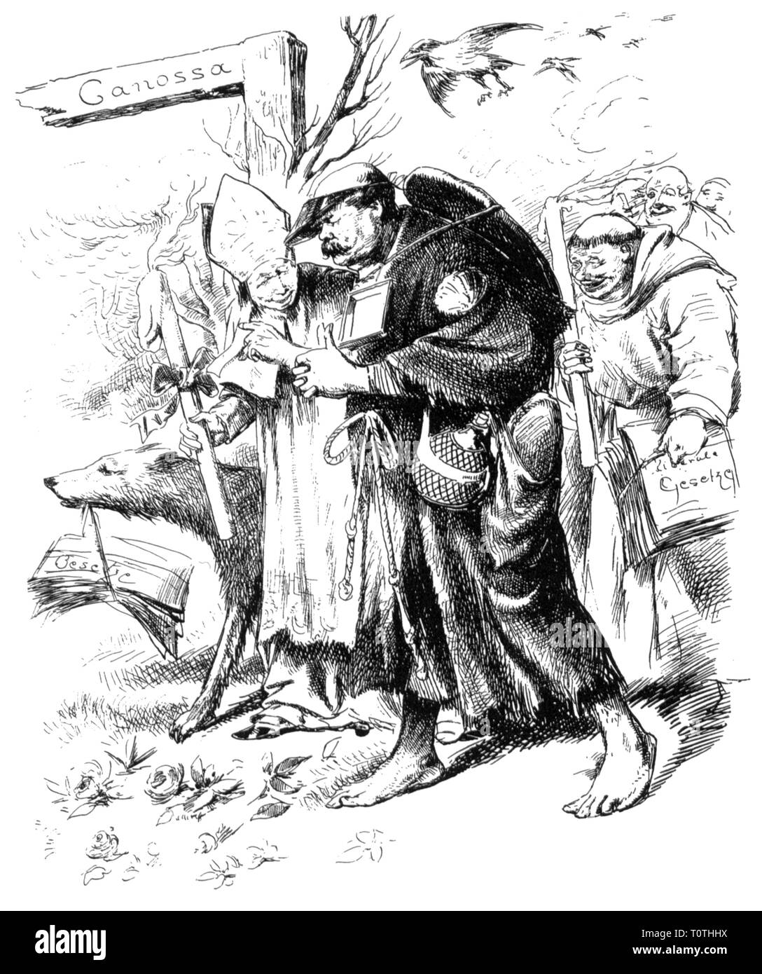 La política, la Kulturkampf, una caricatura, Otto von Bismarck en el camino a Canossa, dibujo, 'Figaro', Viena, 27.8.1881, Additional-Rights-Clearance-Info-Not-Available Foto de stock
