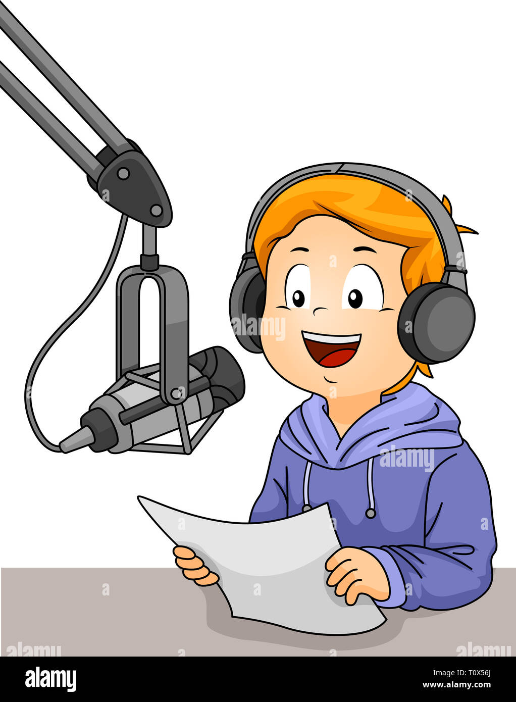 Ilustración de un niño niño usando auriculares, sosteniendo Script y hablar  al micrófono. La radiodifusión o blogs Fotografía de stock - Alamy