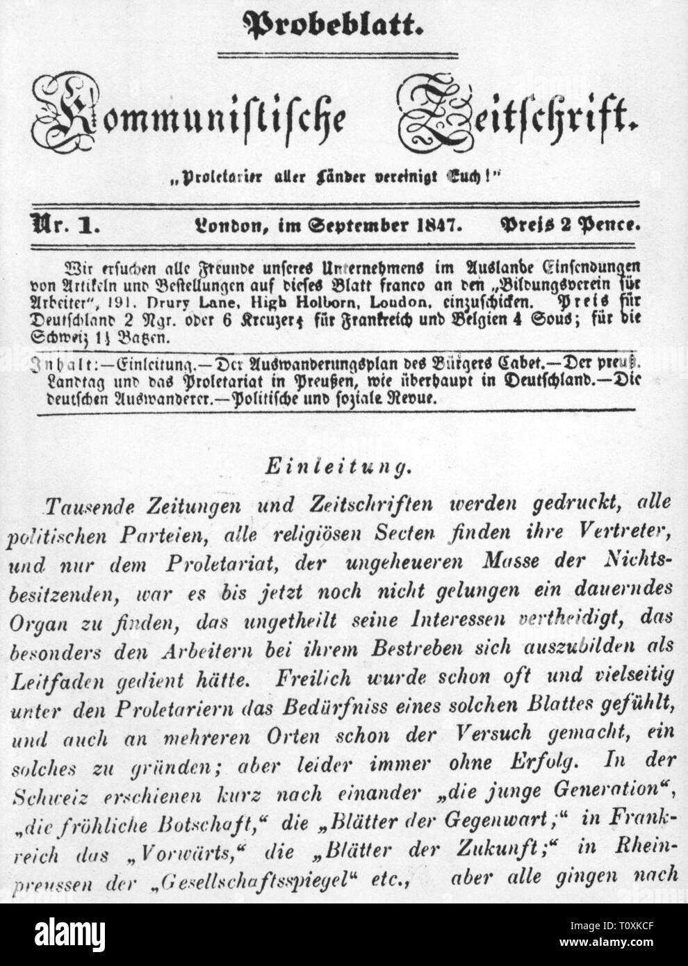 Prensa Medios De Comunicacion Revistas Kommunistische Zeitschrift Revista Comunista Front Page Ejemplar De Muestra Numero 1 Londres Septiembre De 1847 Gran Bretana Grafico Graficos Secuencias De Comandos Scripts Titulos Titulos Tipo