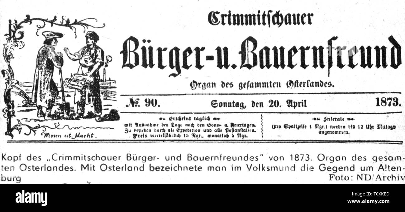 Prensa / medios de comunicación, revistas, 'Crimmitschauer Buerger- und Bauernfreund', Front Page, número 90, De-Not-Available Clearance-Info Additional-Rights Foto de stock