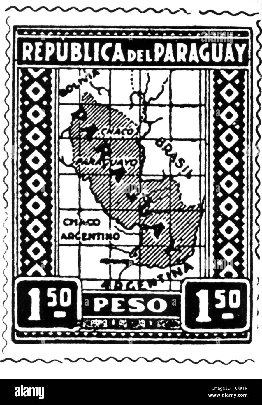 Mail, sellos, Paraguay, 1 peso 50 centavos Postage Stamp, mapa, fecha de emisión: 1927-Clearance-Info-Not-Available Additional-Rights Foto de stock