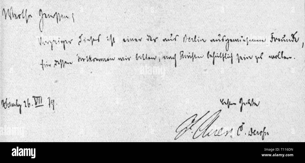 Política, el movimiento obrero, Alemania, tarjeta de legitimación del Partido Laborista Socialista de Alemania para un camarada expulsados desde Berlín, firmada por Iganz Auer, Hamburgo, 16.8.1879, Additional-Rights-Clearance-Info-Not-Available Foto de stock