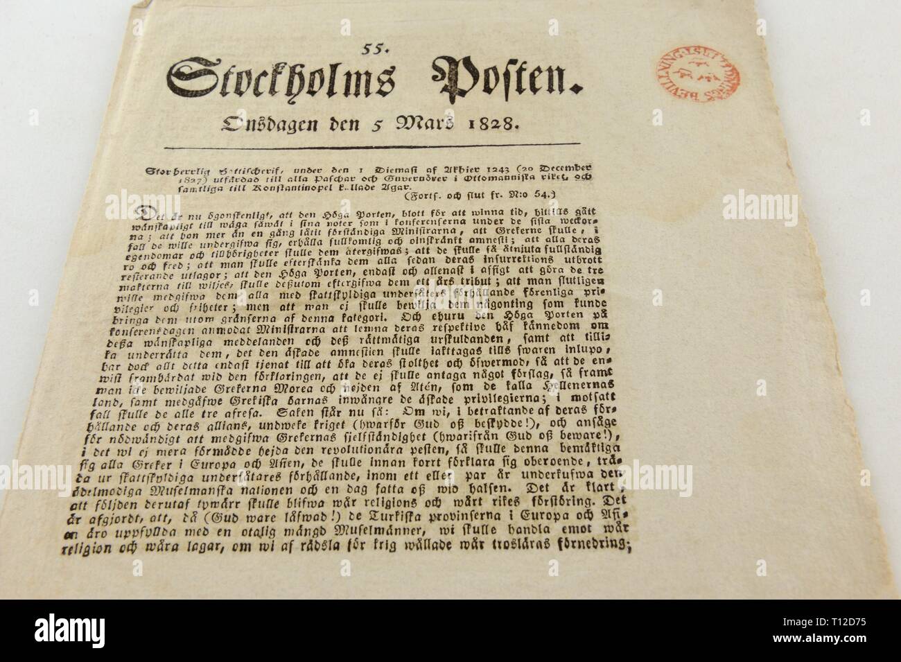 Estocolmo Posten fue un periódico sueco publicó en 1778 -1833. Se convirtió en el principal diario de Suecia. En este período de tiempo cuando los papeles raramente h Foto de stock