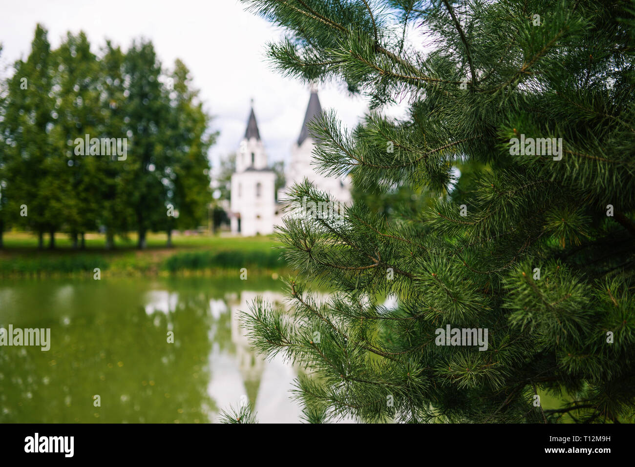 Templo de la iglesia en un estanque cerca de árboles. Objeto religioso Foto de stock