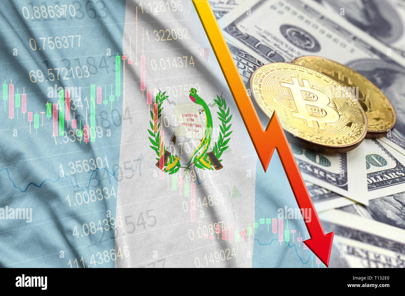 Guatemala Bandera Y Cryptocurrency Tendencia Con Dos Bitcoins En Billetes De Dolar Concepto De Depreciacion En El Precio Bitcoin Contra El Dolar Fotografia De Stock Alamy