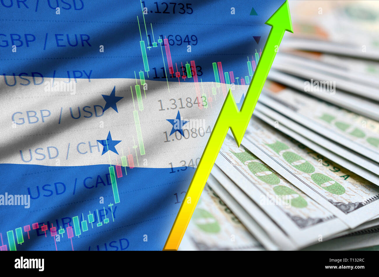Honduras bandera y gráfico dólar creciente posición con un abanico de