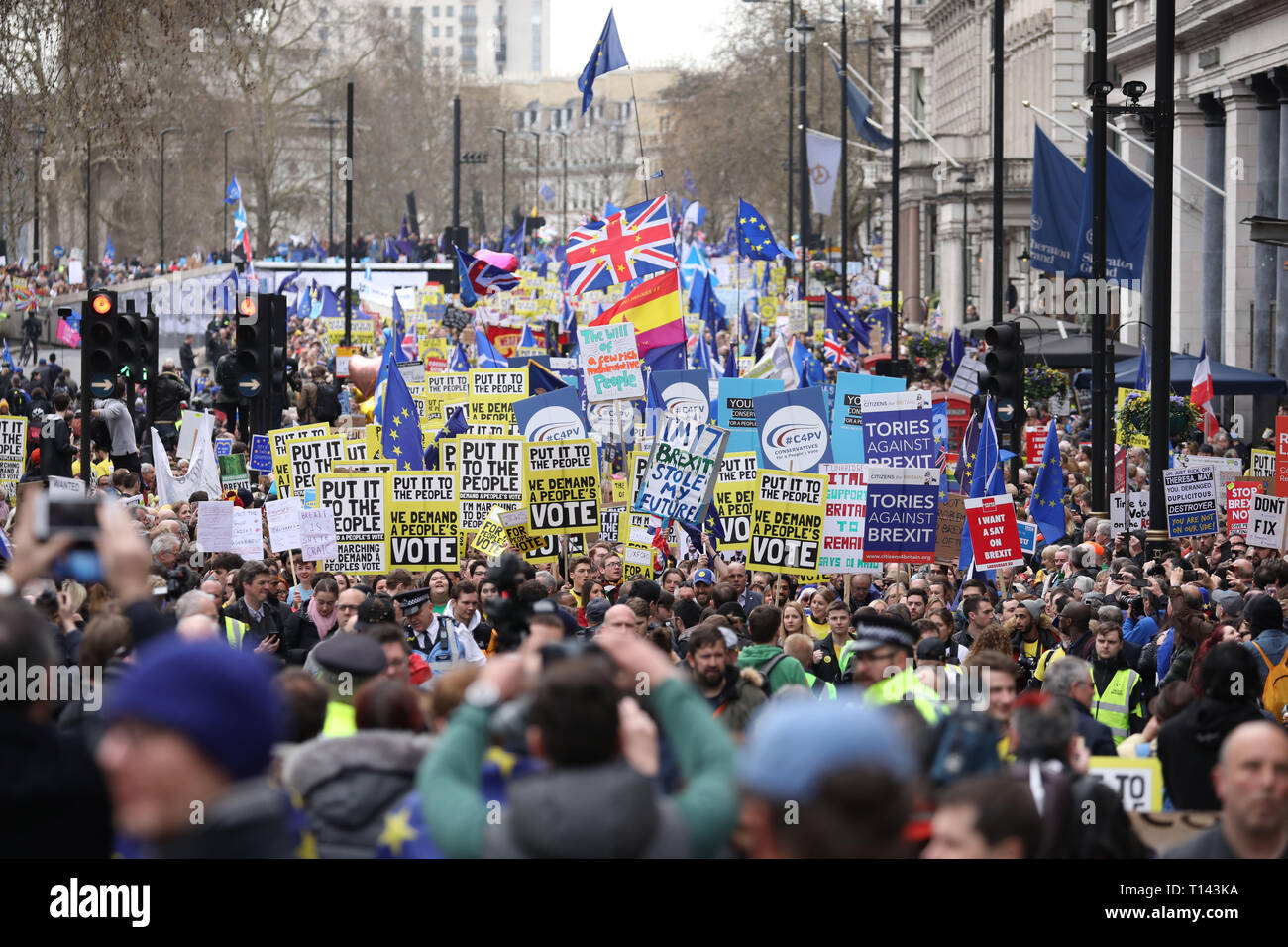 Londres, Reino Unido. 23 Mar 2019.Cientos de miles de personas tomar parte en una protesta popular de marzo para intentar conseguir un voto popular sobre Brexit. Gran Bretaña se debió abandonar la UE el 29 de marzo de 2019, pero ahora está en duda. La marcha comenzó en Park Lane y acabados fuera de Westminster, las Casas del Parlamento, Londres, Reino Unido el 23 de marzo de 2019. Crédito: Paul Marriott/Alamy Live News Foto de stock