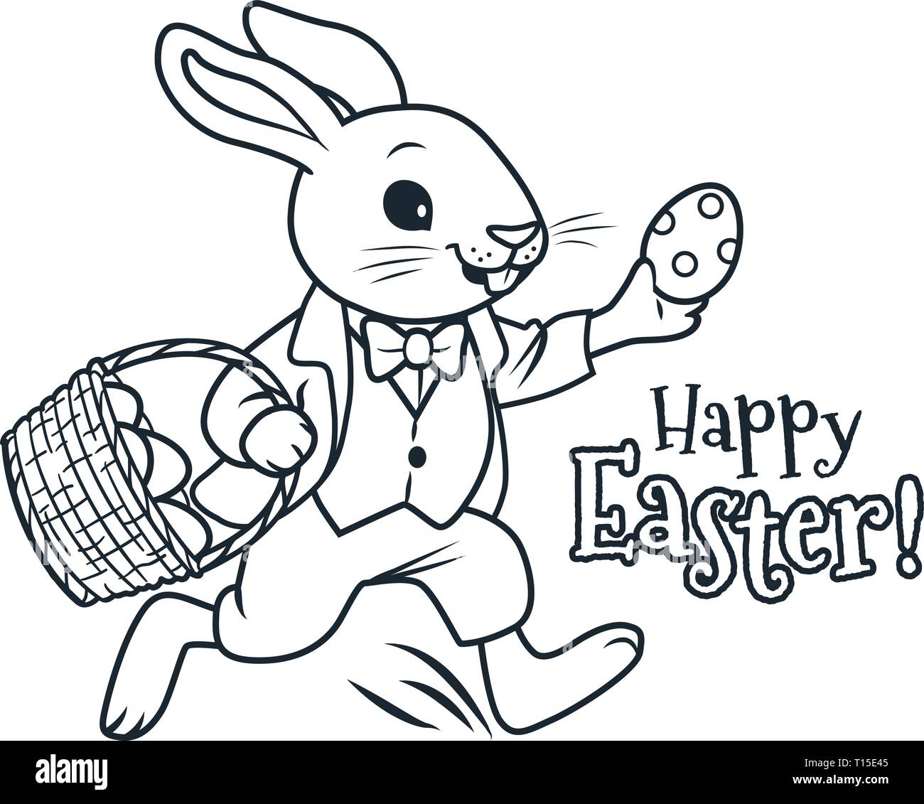 Conejito de Pascua con canasta llena de huevos de chocolate para colorear  la ilustración vectorial página de dibujos animados. La primavera, la Pascua,  el huevo hunt, la actividad del partido infantiles Imagen