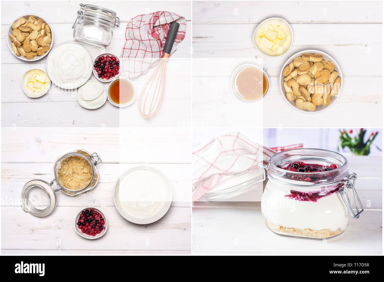 Collage paso a paso receta cheesecake sin cocción en madera blanca Foto de stock