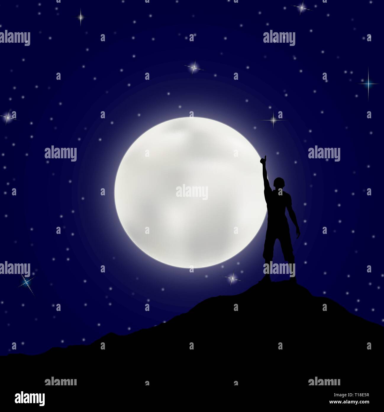 El hombre con su mano descansa sobre la montaña, con el telón de fondo de la gran luna y el cielo estrellado. Ilustración del Vector