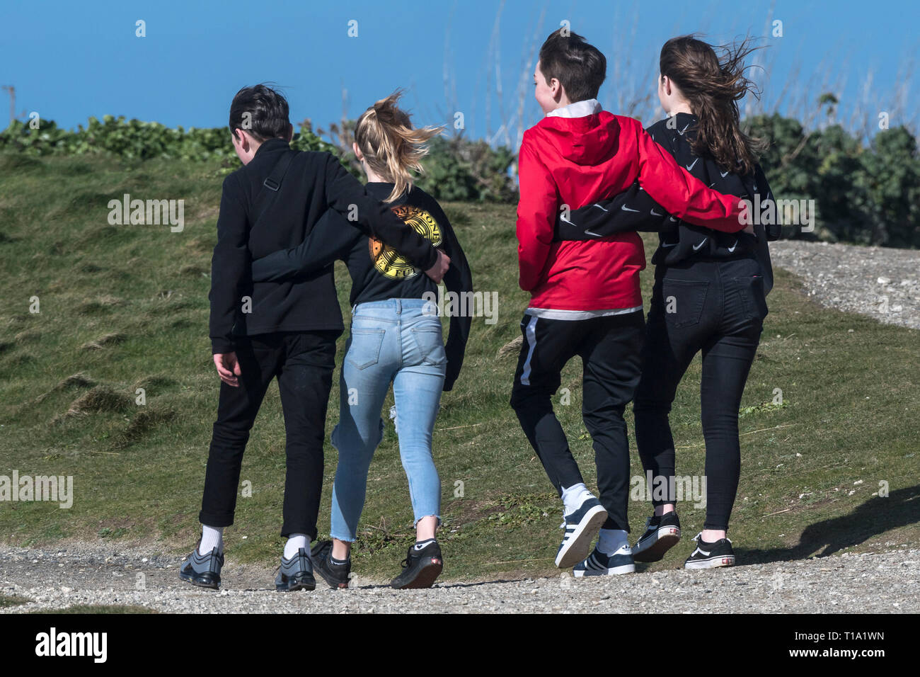 Los adolescentes con sus brazos alrededor de cada otros caminando por un sendero. Foto de stock