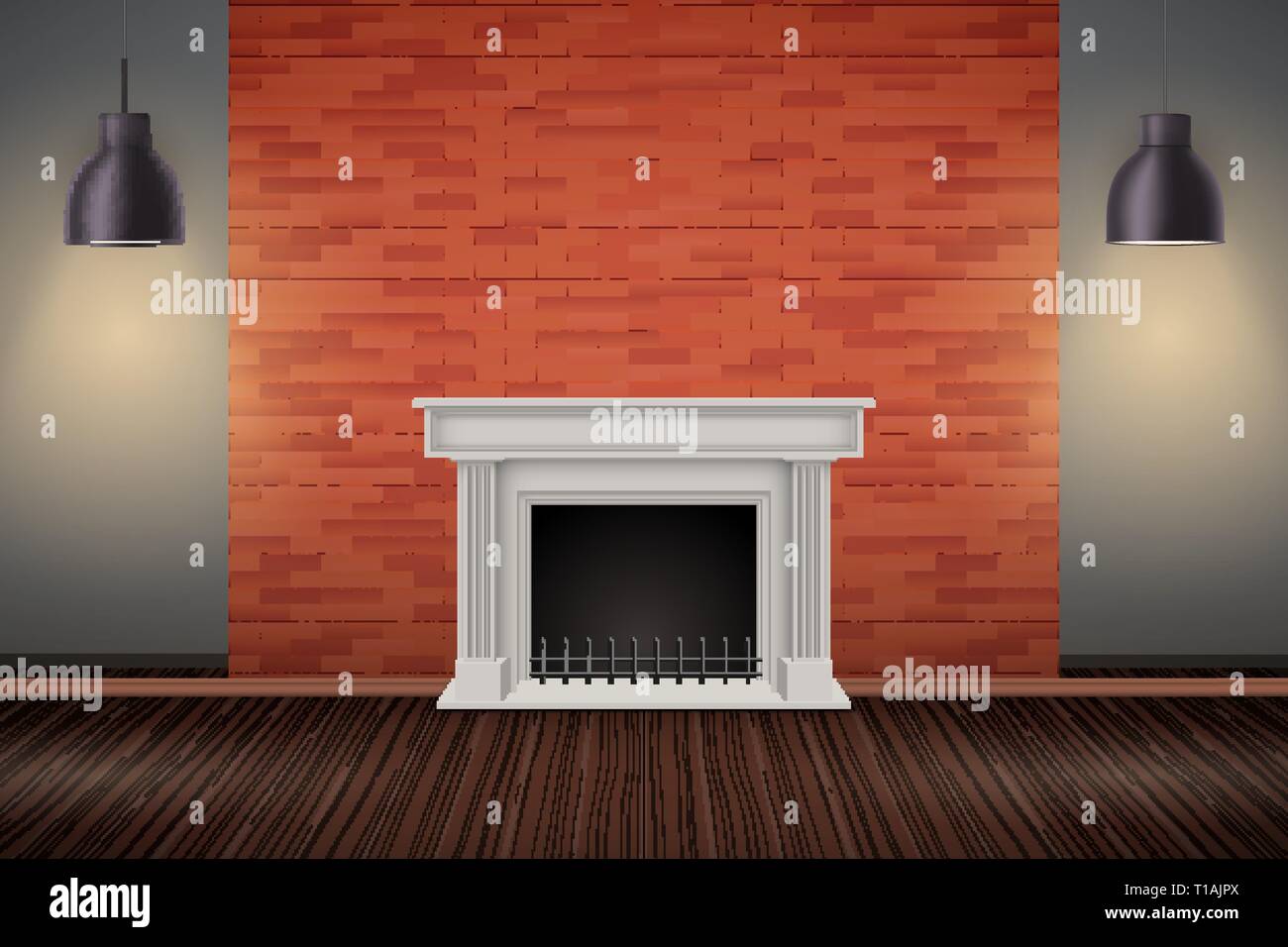 El interior de la pared de ladrillo rojo con una chimenea y lámparas  colgantes vintage. Salón de moda interior. Ilustración vectorial Imagen  Vector de stock - Alamy