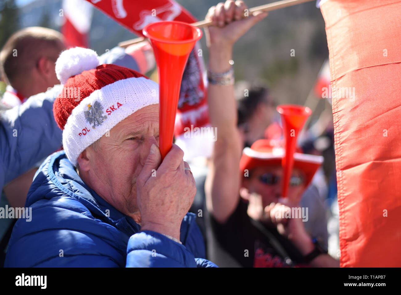 Los espectadores son vistos aclamaciones durante la Copa del Mundo de saltos de esquí FIS Volando Hill en Planica finales individuales. Foto de stock
