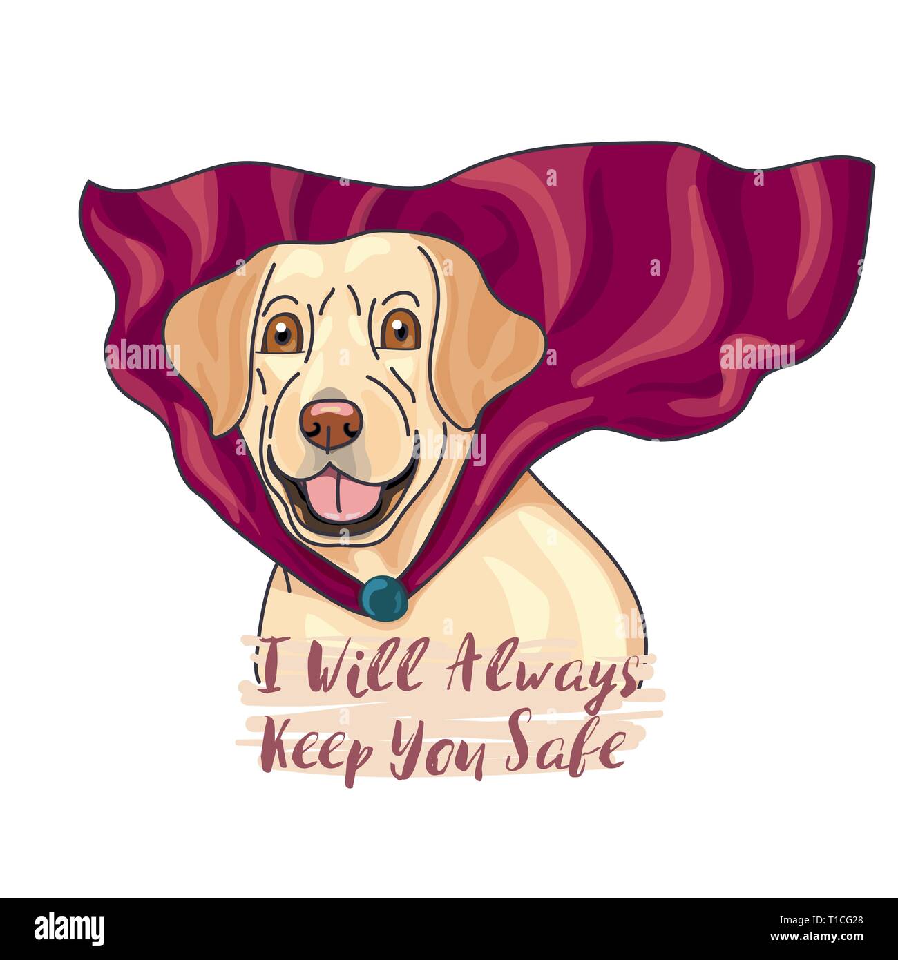 Labeador, un super perro heroico desgaste capote rojo, cartoon hero con eslogan. ilustración vectorial. Ilustración del Vector