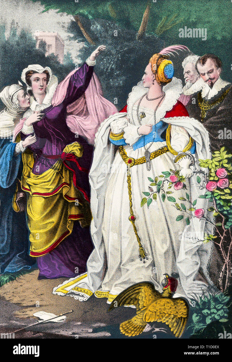 El rival de reinas, María, Reina de los Escoceses desafiando a la Reina Elizabeth I, Coloreado a mano, impresión Currier & Ives, c. 1857 Foto de stock