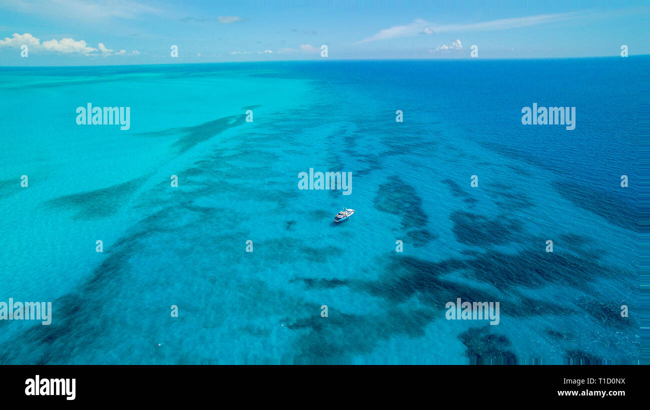 Vista aérea, bote de buceo en Bahama Bancos, Bahamas, el océano Atlántico, el Caribe Foto de stock