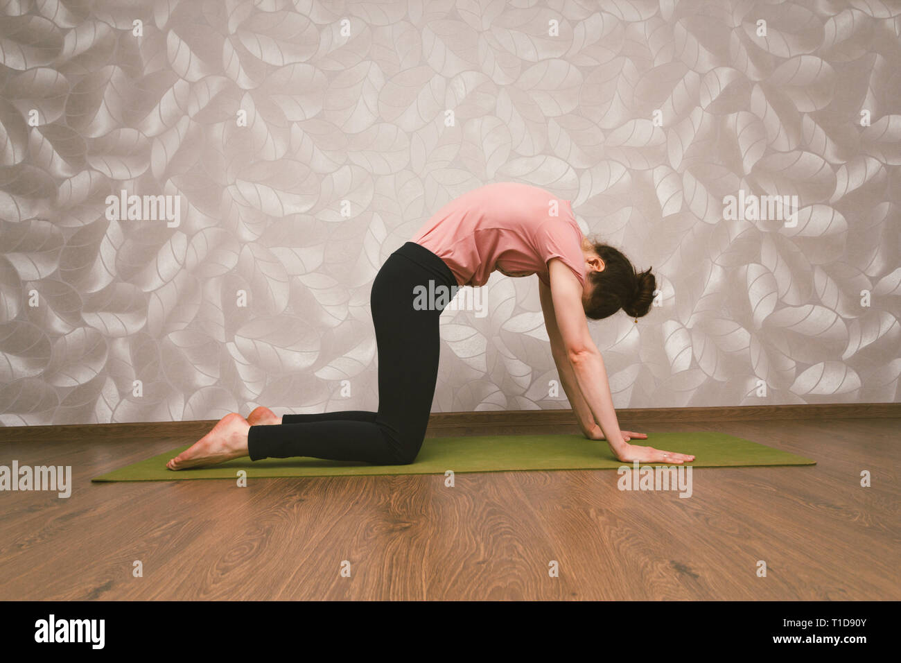 Hermosa joven practicar yoga en casa, yoga cat posición , la belleza y el concepto de estilo de vida saludable Foto de stock