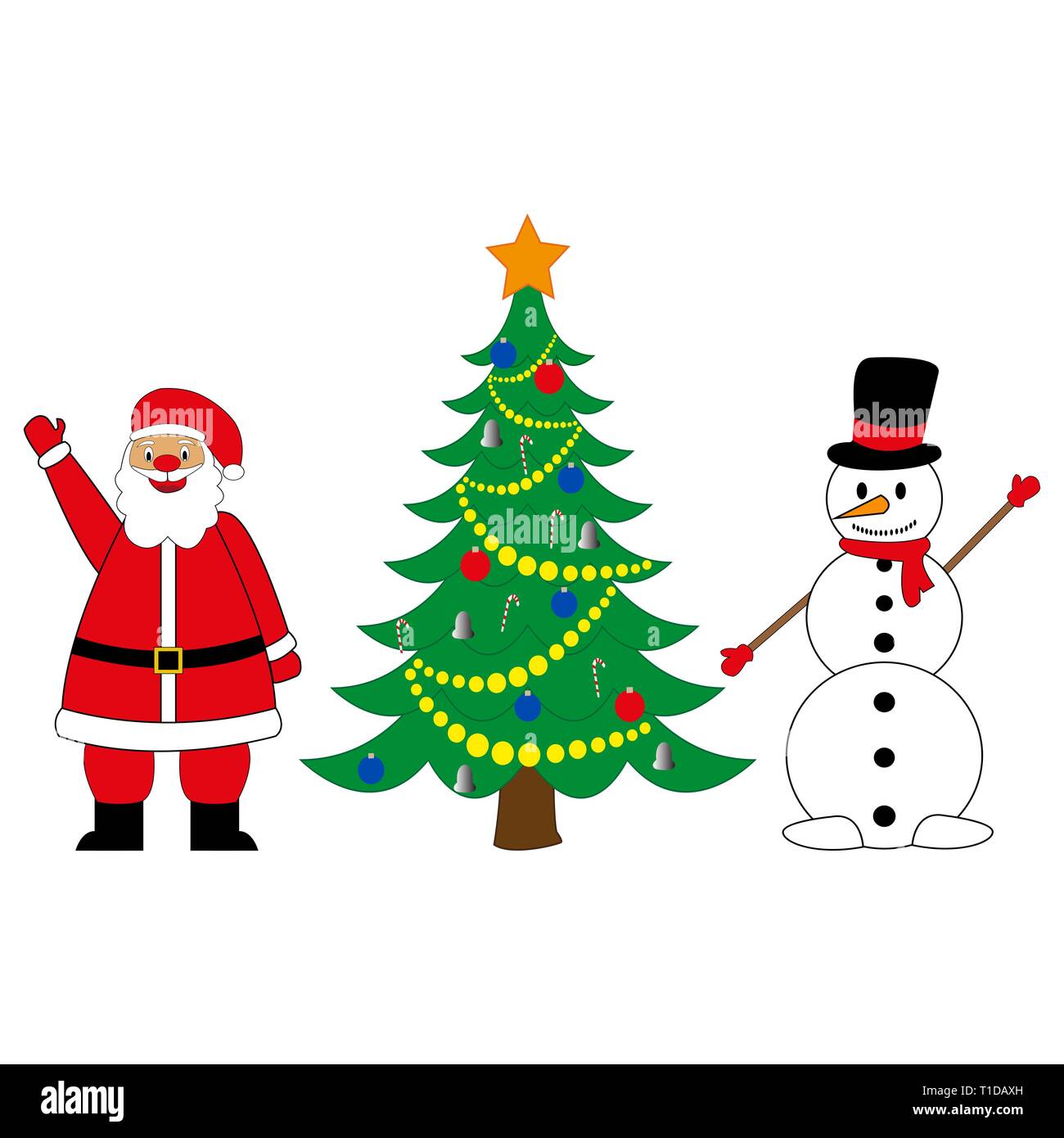 Muñeco de nieve y Santa Claus con árbol de Navidad sobre fondo blanco Imagen Vector de stock -