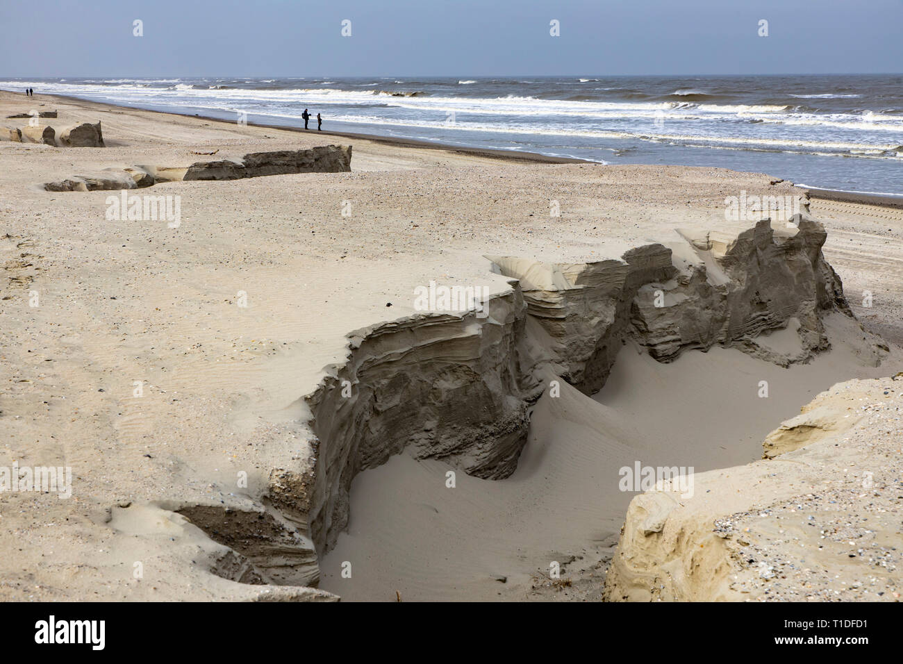 Del Mar del Norte Isla Langeoog, Ostfriesland, Baja Sajonia, playa, bloqueos, enjuagues, tormentas invernales, Foto de stock