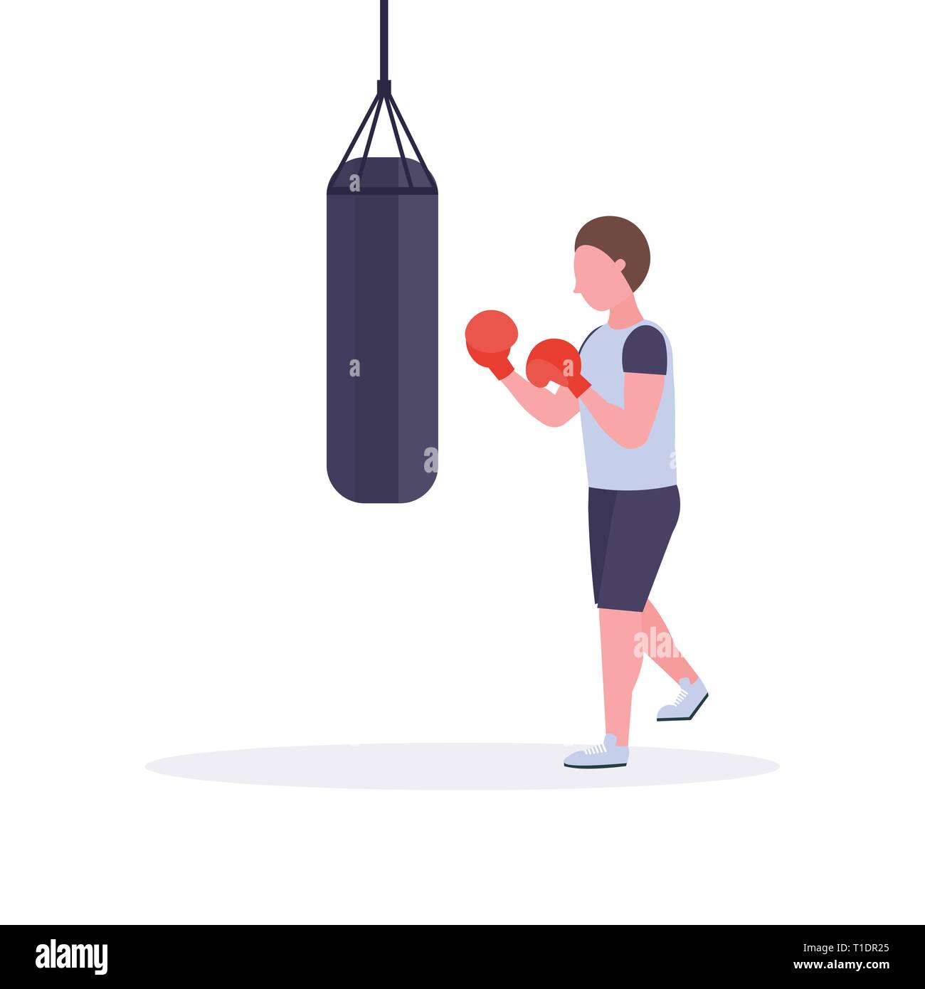 Boxer hombre haciendo ejercicios con saco de boxeo haciendo impacto directo  en rojo Guantes boxeo guy fighter entrenamiento formación concepto de  estilo de vida saludable plana y blanca Imagen Vector de stock -