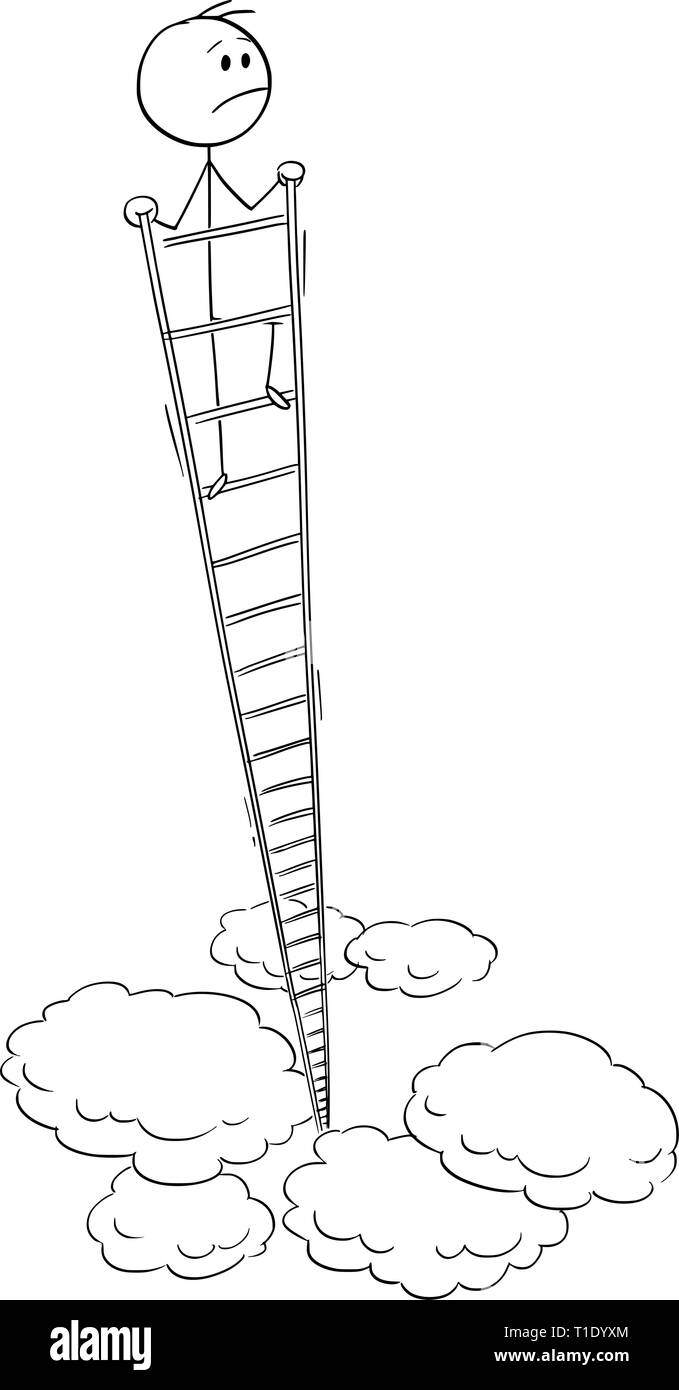 Cartoon stick figura dibujo Ilustración conceptual del hombre insatisfecho o empresario mirando alrededor de la parte superior de la escalera muy alto. Concepto de negocio de éxito y satisfacción. Ilustración del Vector