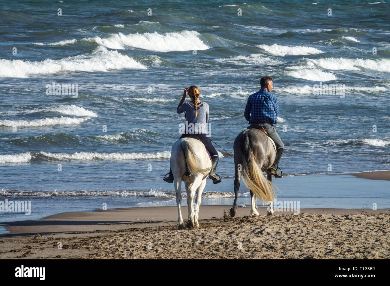 El hombre y la mujer a caballo en la playa, vista trasera, Valencia España Europa Foto de stock