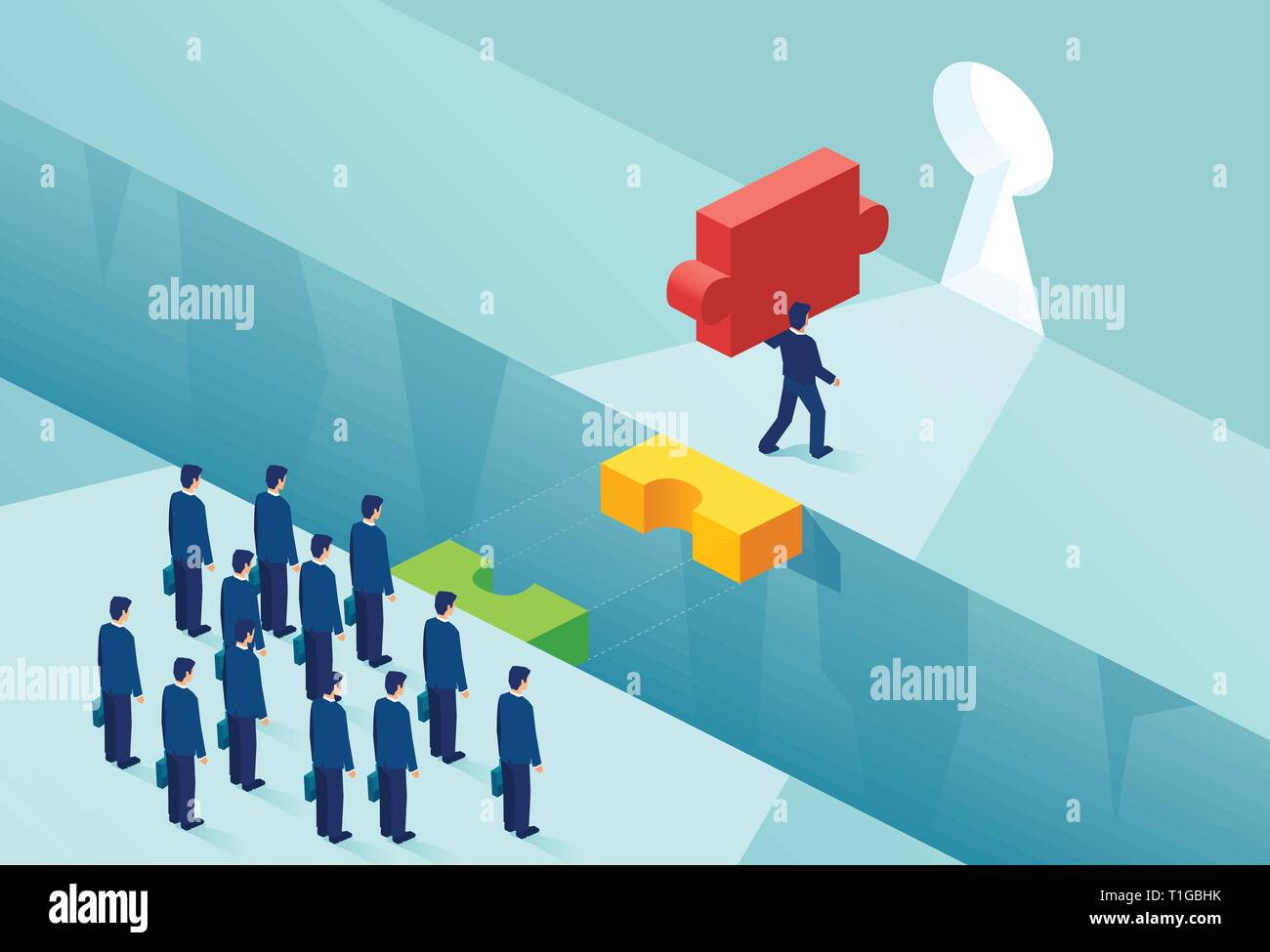 La titularidad de la patente y el concepto de la ventaja competitiva. Vector de un empresario con una pieza del puzzle clave creando obstáculos para sus rivales Ilustración del Vector