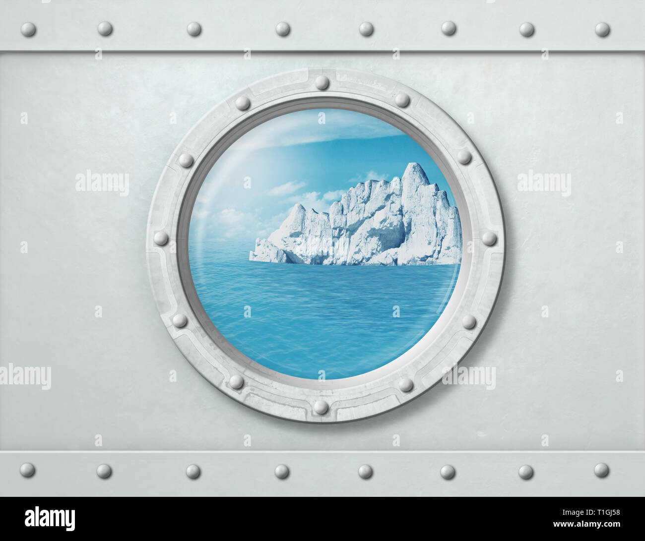 Buque con portillas iceberg en el océano detrás de él. Ilustración 3d. Foto de stock