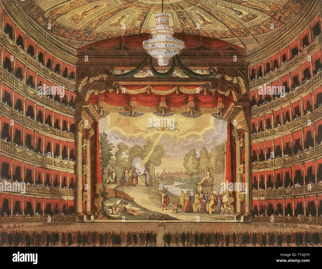 Milán, Italia. La ópera La Scala. Vista interior. Dibujo después de su restauración en 1830. Foto de stock