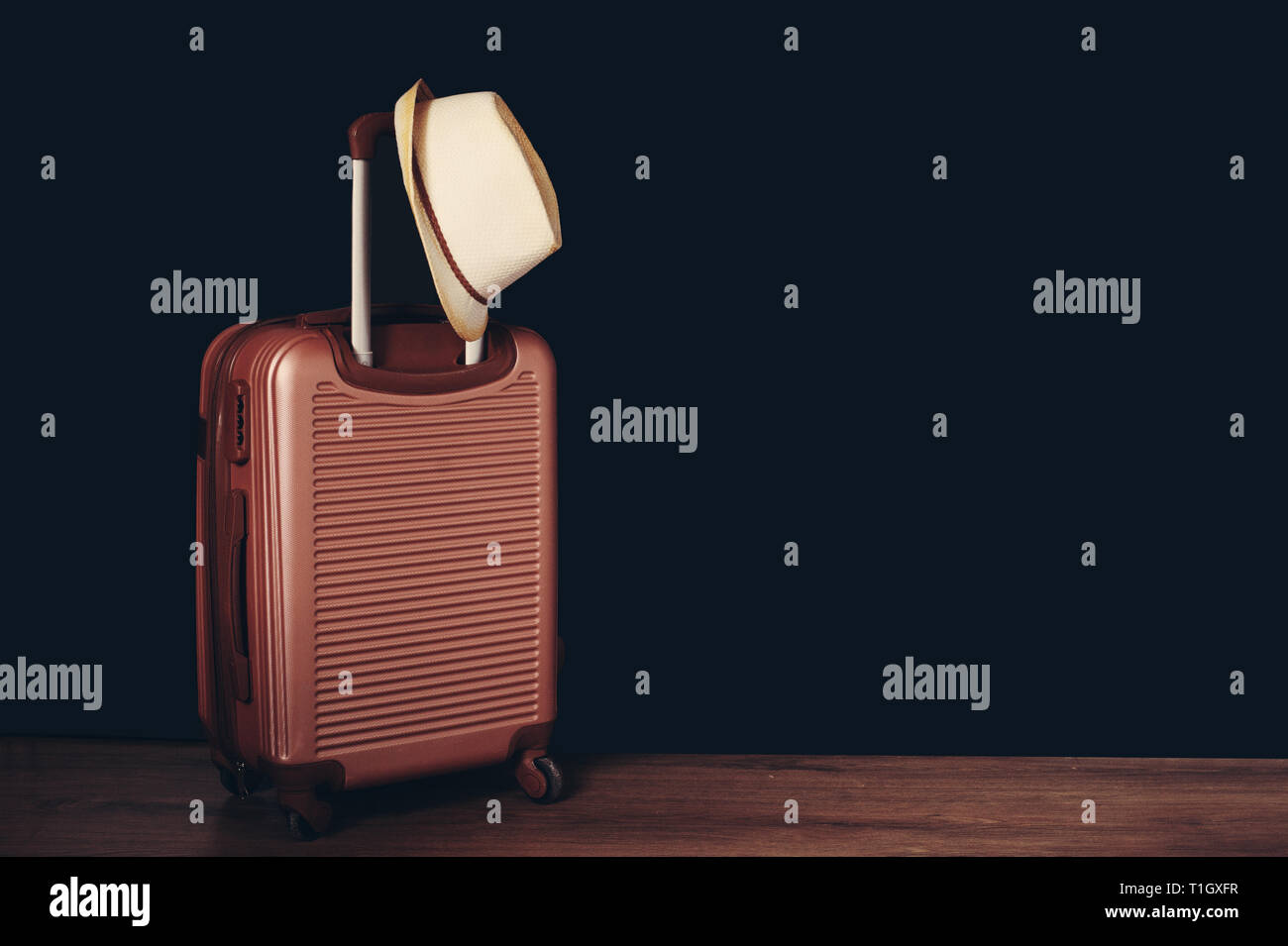 Vacaciones de verano en concepto de viajes maleta o bolsa de equipaje con  sombrero Fotografía de stock - Alamy