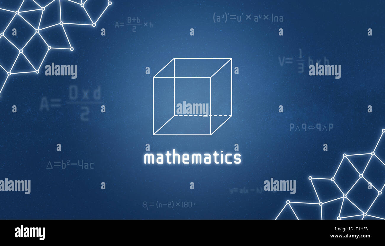 Concepto de matemáticas. Geometría del cubo con texto de matemáticas, rodeado por las fórmulas. Foto de stock