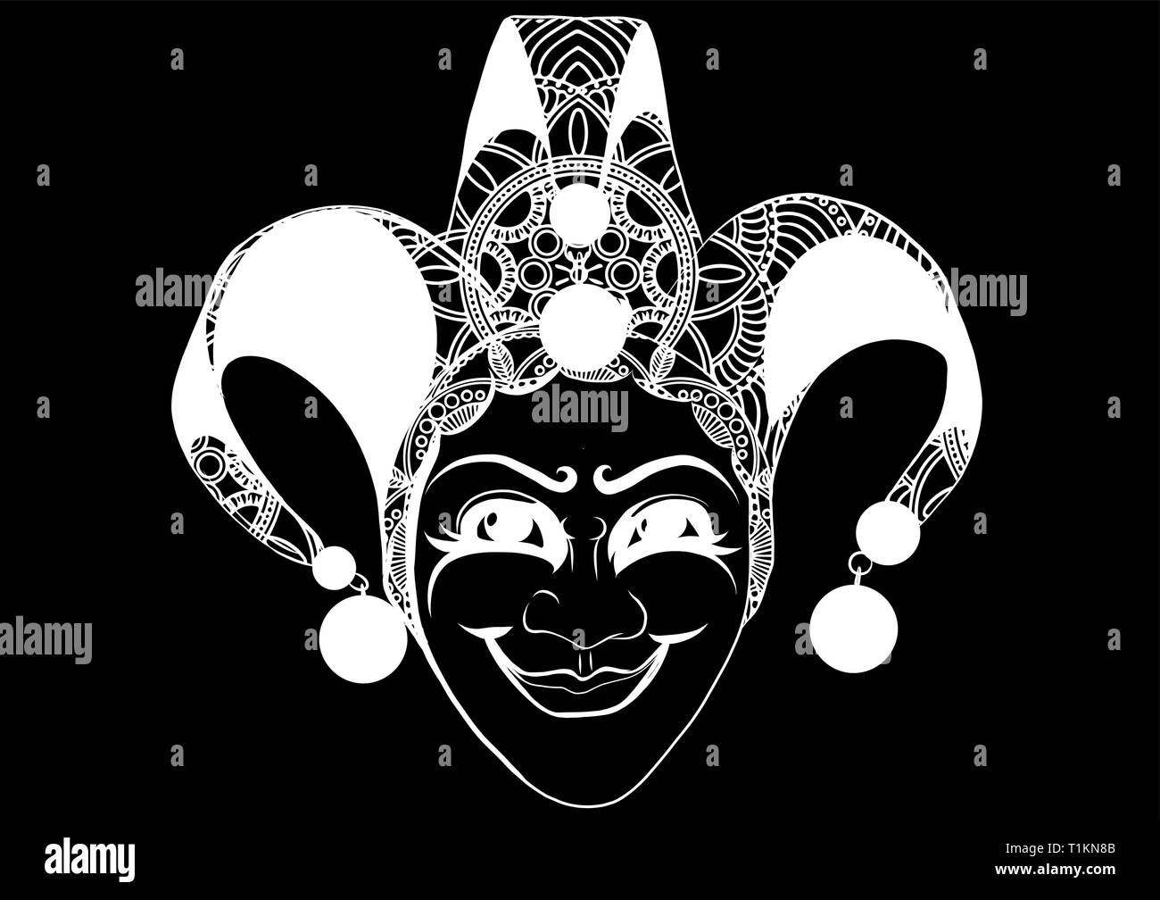 Decorado carnaval veneciano, máscara de bufón con campanas y lentejuelas de oro, estilo boceto ilustración vectorial Ilustración del Vector
