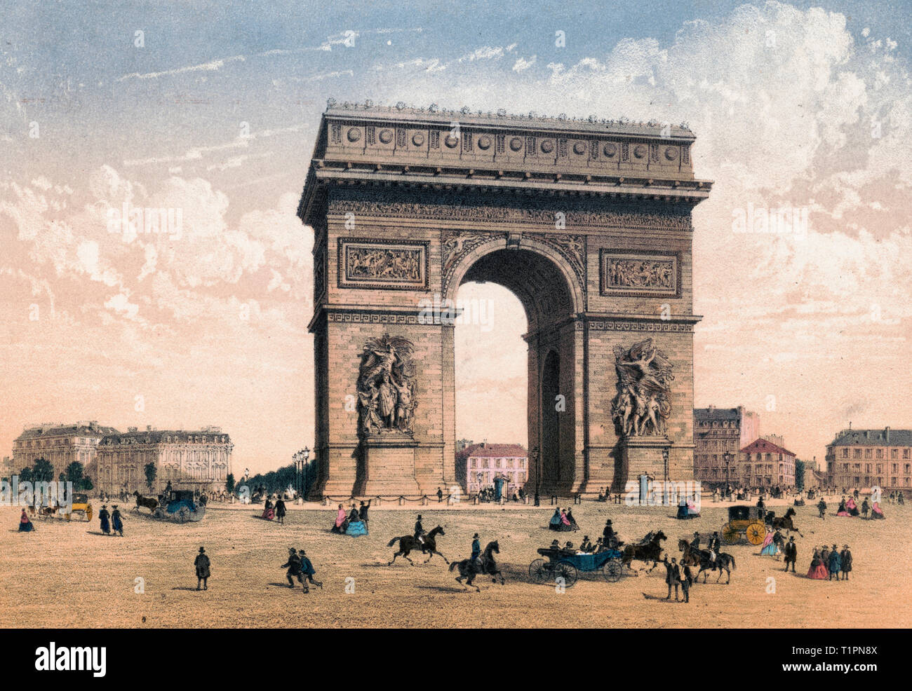 París. Arc de Triomphe de l'Etoile - impresión muestra una vista a nivel de calle del Arc de Triomphe de l'Etoilewith, peatones, jinetes y carruajes tirados por caballos que pasaban en la plaza. Circa 1855 Foto de stock