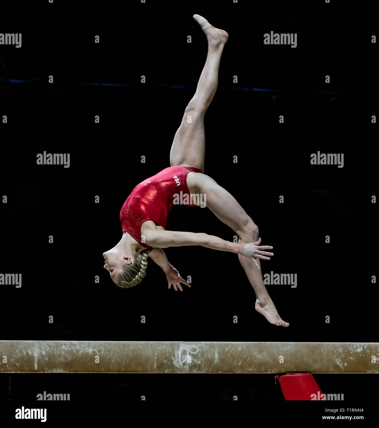 22.03.2019. Resorts World Arena, Birmingham, Inglaterra. La Copa del Mundo de gimnasia 2019 Riley McCusker (EE.UU.) durante la sesión de capacitación de mujeres. Foto de stock