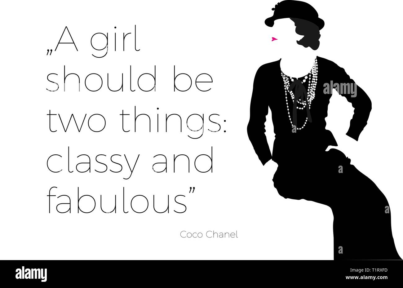 Ilustración, diseño gráfico con Coco Chanel cita "Una niña debe ser dos  cosas: elegante y fabulosa.' el minimalismo, pequeño vestido negro, perla.  Fuente simple Fotografía de stock - Alamy