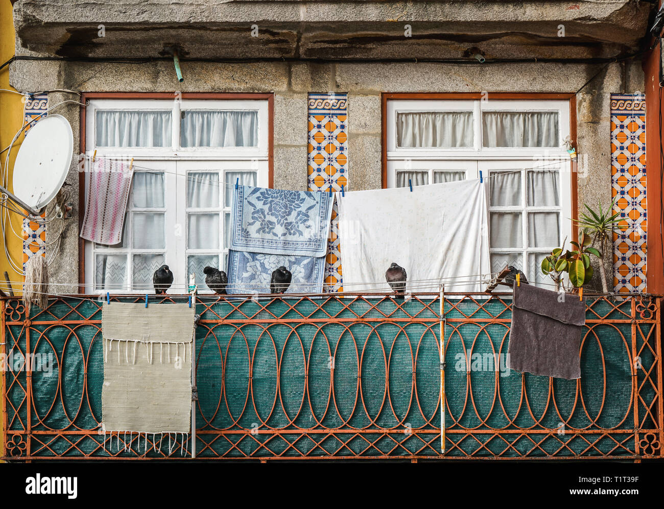 La fachada tradicional del edificio antiguo y ventanas con ropa colgando de  tendedero y palomas en una fila Fotografía de stock - Alamy