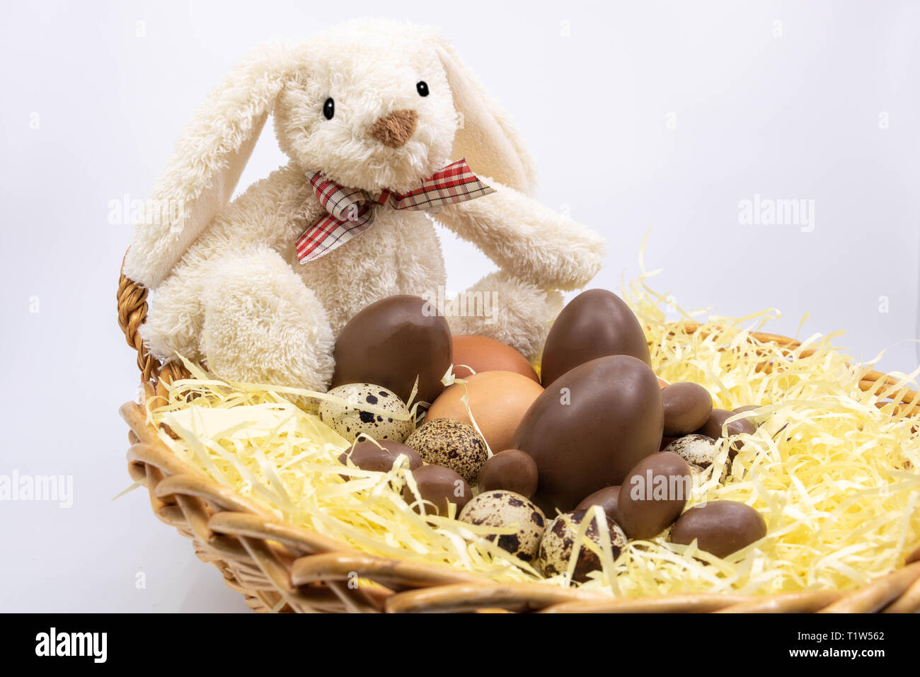 Conejito de Pascua y los huevos de Pascua de chocolate - productos de granja Foto de stock
